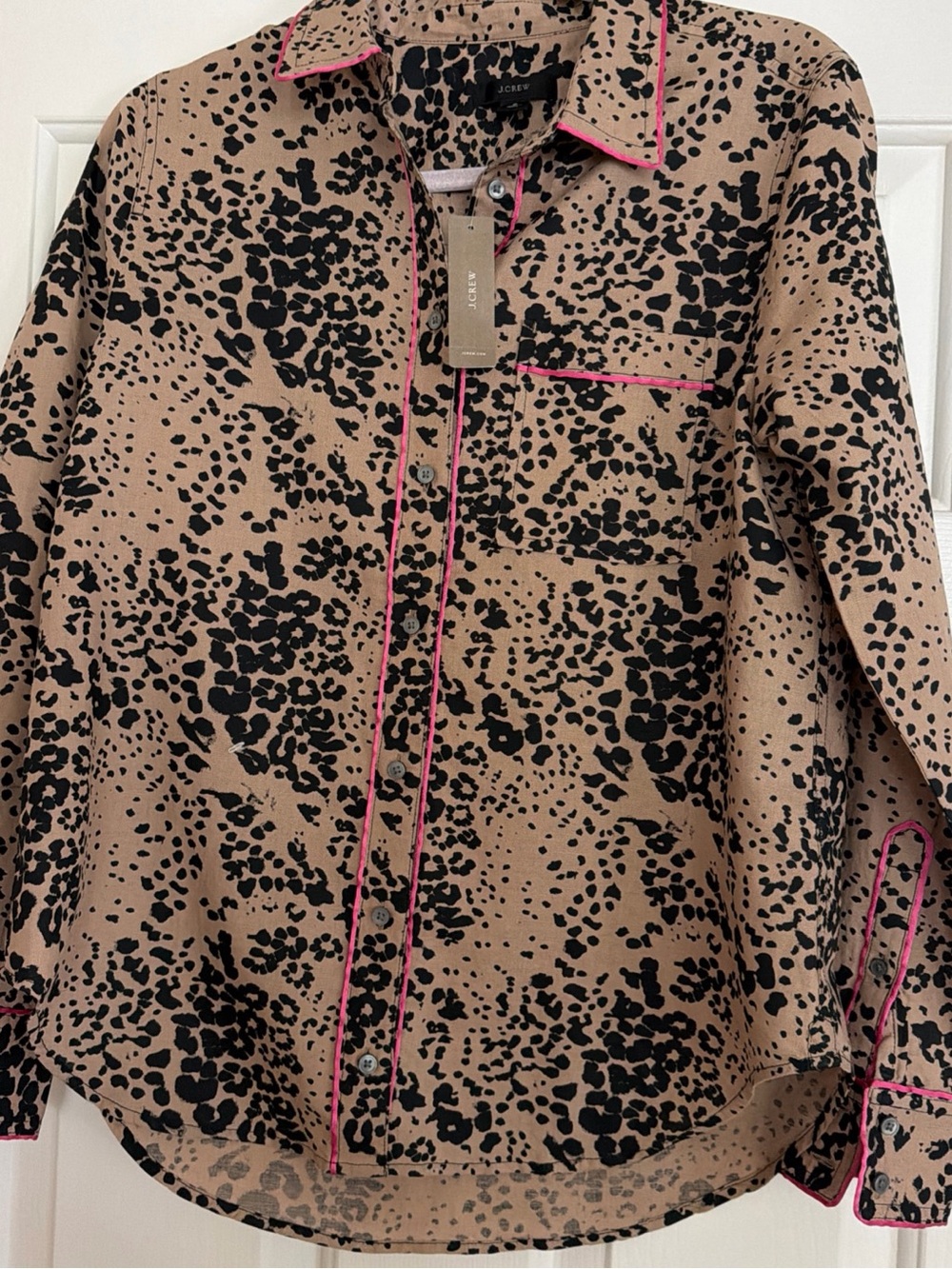 NWT J. Crew Tan and Black leopard Print Button up w/ hot Pink Piping size S